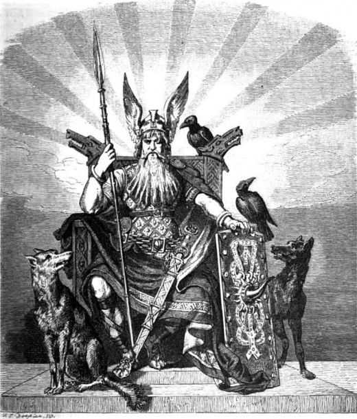 Odin with his wolves and ravens Hugin and Munin. 