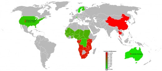 World map of lactose intolerance.