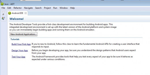 The welcome and tutorial screen first appears after a workspace is selected. Note: That if you ever want to get back to this screen select "Help" from the toolbar  followed by Android IDE.