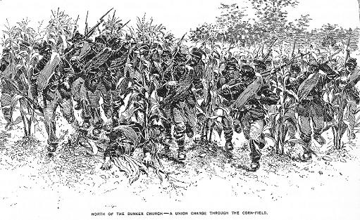 Sketch - troops charge, through a cornfield, at the right-shoulder shift