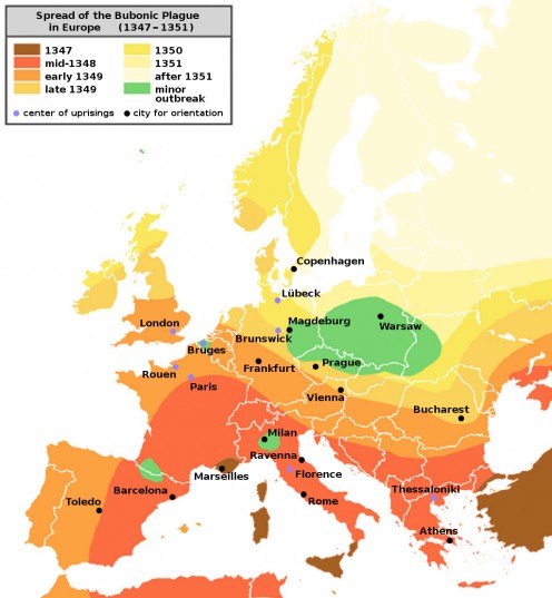 Spreading of the Bubonic Plague in Europe between 1347 and 1351.