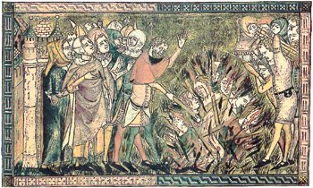 A drawing circa 1375 of the 2000 Jews of Strasbourg being burned to death over a pit on Feb. 14, 1349 in the Strasbourg Massacre during the Black Death persecutions. 