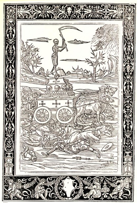 An artwork inspired by the Black Death: note the central figure, 'Death' wielding a scythe, mercilessly trampling people. Such macabre images of death became prominent during this period.