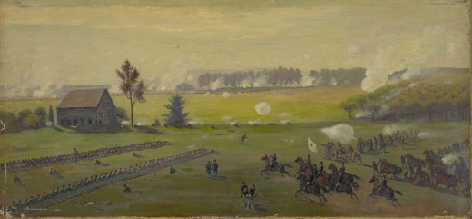 Painting - troops lie prone in line as the battle begins 
