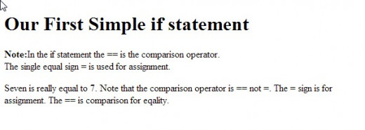 The output of the web page. Note the use of == (comparison) rather than = (assignment).