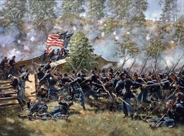 Painting - Union troops cross a bridge under fire