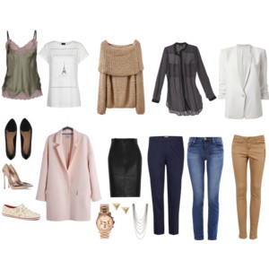 STYLED CAPSULE: Same idea as Basic, only with more flair.  French-inspired tee, sheer button-down, pink coat...great additions!  Notice that both capsules utilize the same jeans, sweater, and flats!