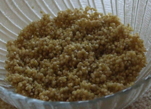 Cooked quinoa has small light germ ring around each grain.