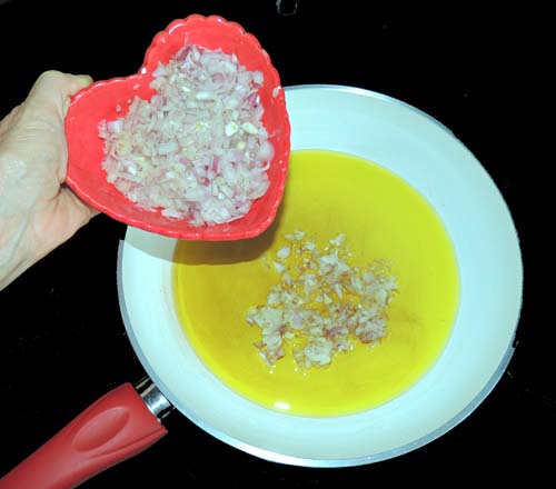 add shallots to sizzling olive oil, cook until translucent add shallots to sizzling olive oil, cook until translucent 