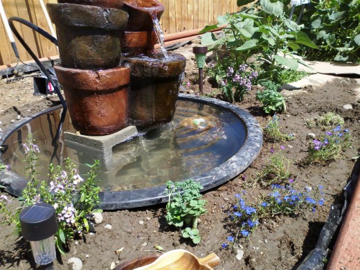 The first summer I had my hands full with getting the pool area constructed, so the fountain was all I got done on the raised bed.