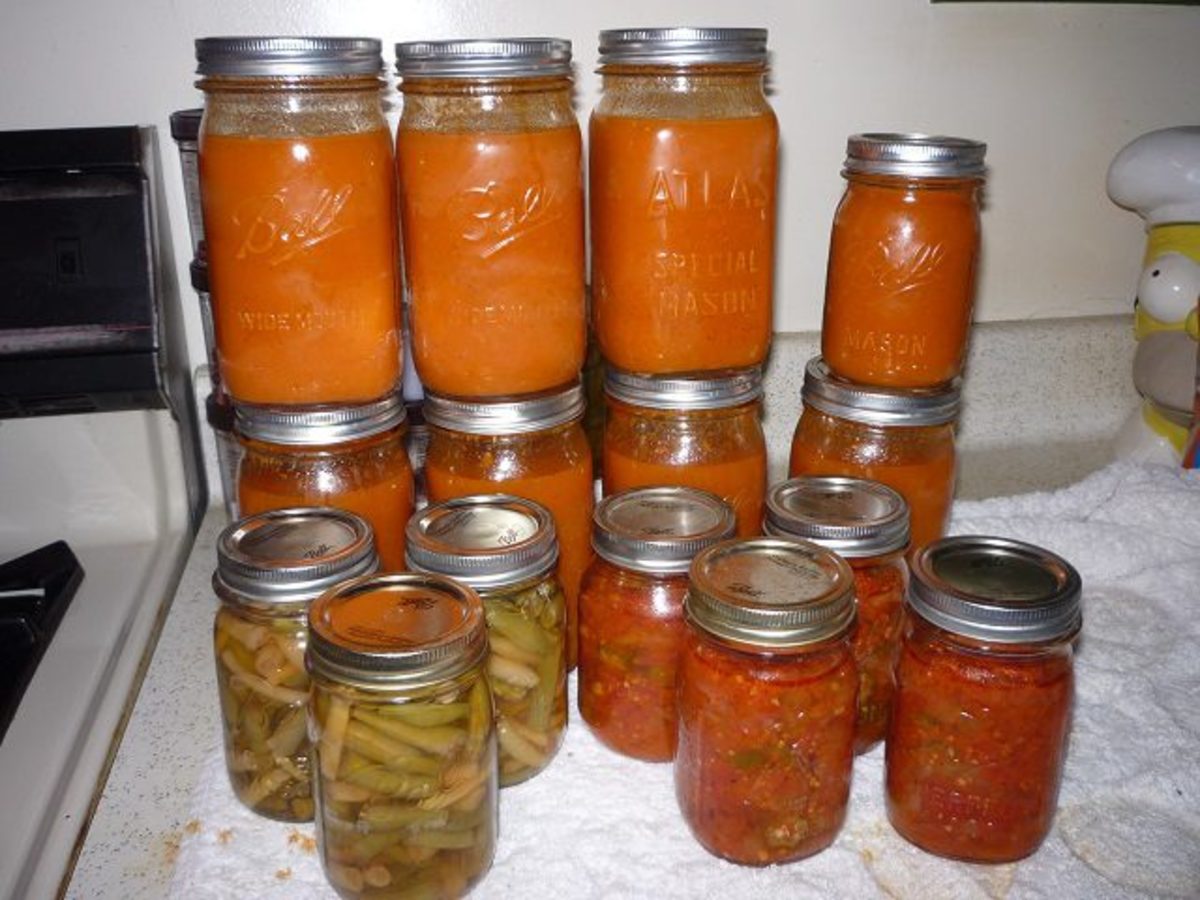 Various jars of food that I canned in my kitchen.