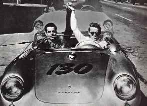 James Dean riding with Rolf Wutherich on the day he died. 