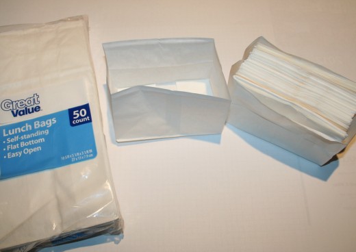 White paper bags can be found in grocery stores near the brown lunch bags.