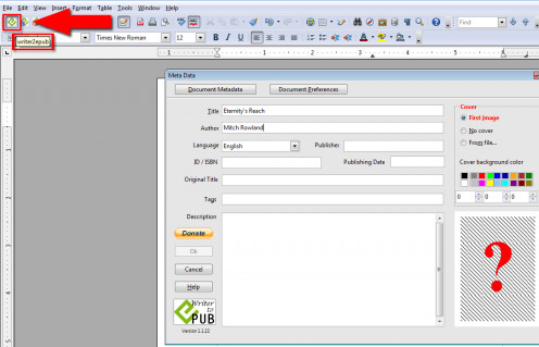A view of Open Office with the epub buttons (upper left corner) and meta data window (center).