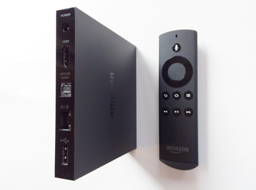 What the rear of the Amazon Fire TV Box and TV remote looks like