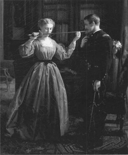 Painting - a lady admires a Volunteer officer's sword prior to their farewell