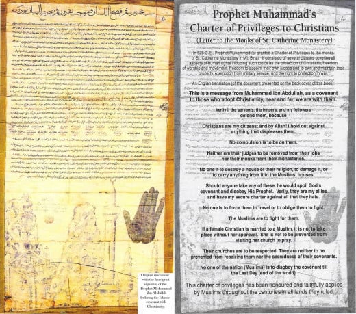 This charter, issued by Prophet Muhammad (pbuh), was requested as protection of freedom of religion by Christians St. Catherine's Monastery at Mt. Sinai. It bears the hand-print of  the Prophet (pbuh)