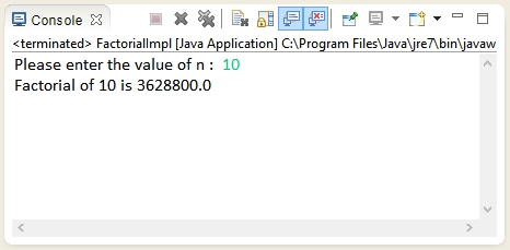 Output of Java program to calculate factorial of a number.