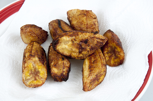 Platano pieces after first frying
