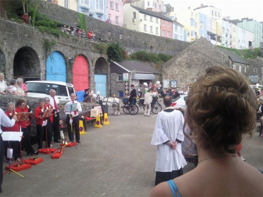 St Mary's Tenby Handbell Ringers play for the arrival of the Bride