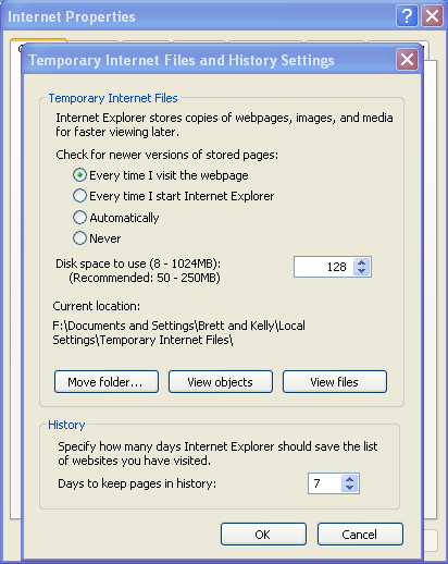 New settings in the Temporary Internet Files and History Settings window.