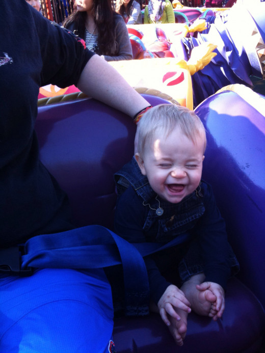 You can't tell me Buddy isn't having a great time... He's not even 1 year old here. He was stoked to ride Aladdin's Magic Carpets (MK).