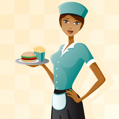 The server feels sorry for him and asks the local (she can tell) what he really wants, then she leaves to give him time, as he flounders in frustration.
