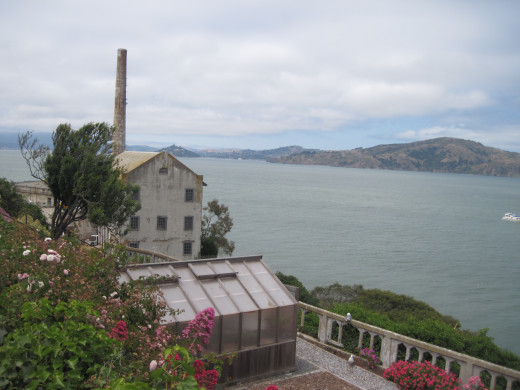 Greenhouse in foreground, Angel Island in background.