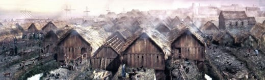 Jorvik - Koppargata, known now as Coppergate where barrels, cups and household vessels were made on a site near the river (burnt down by the Normans to create a gap for observation, no-one could creep up on them using the houses for cover