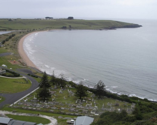 The 'Dead Centre' of Stanley, with Norfolk Island Pines