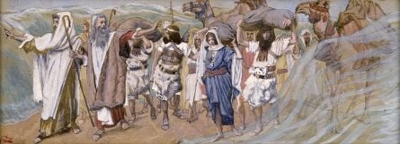 A painting by Tissot of "The Waters are Divided," depicting Moses leading the way across the sea. This is the kind of extraordinary, cause-and-effect miracle this article is about.