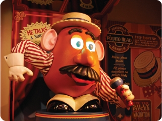 Mr. Potato Head serves as a carnival barker of sorts inside the Toy Story Mania! queue, personally interacting with guests as they wait and walk by on their way to boarding the attraction.