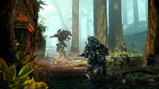 A pilot caught offguard by an artillery model Titan in Swampland, a map from Titanfall's first DLC pack Expedition.