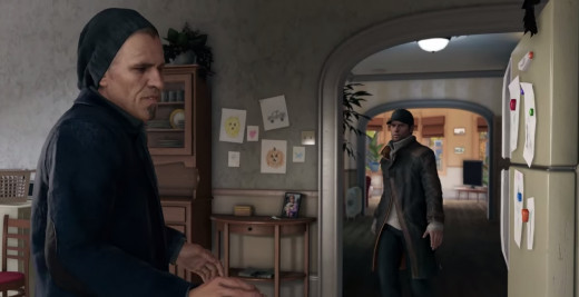 Aiden confronts Damien, his former partner, while visiting his sister's home in Watch_Dogs.