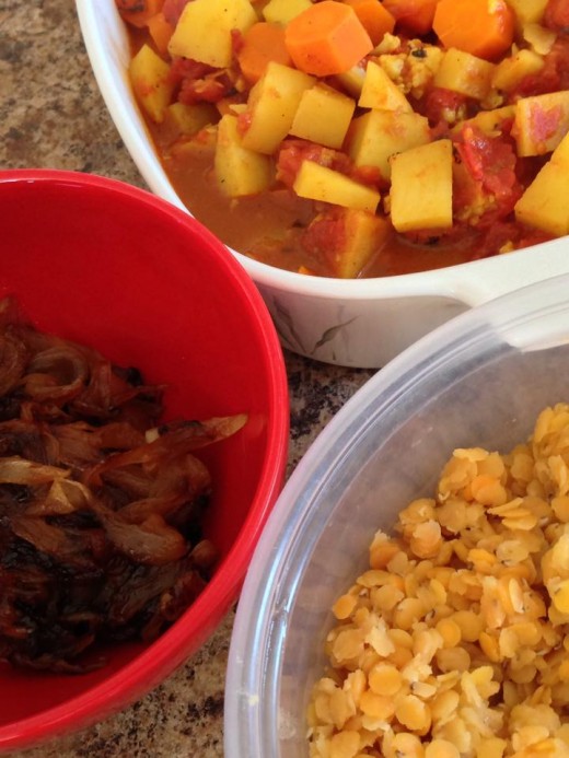 Creating layers of Lentils, Curried Vegetables and Caramelized Onions on the plate makes an attractive presentation.