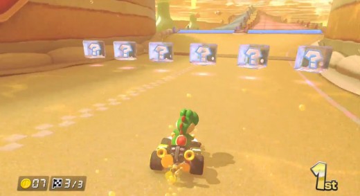 Yoshi prepares to snag an item box in Mario Kart 8.