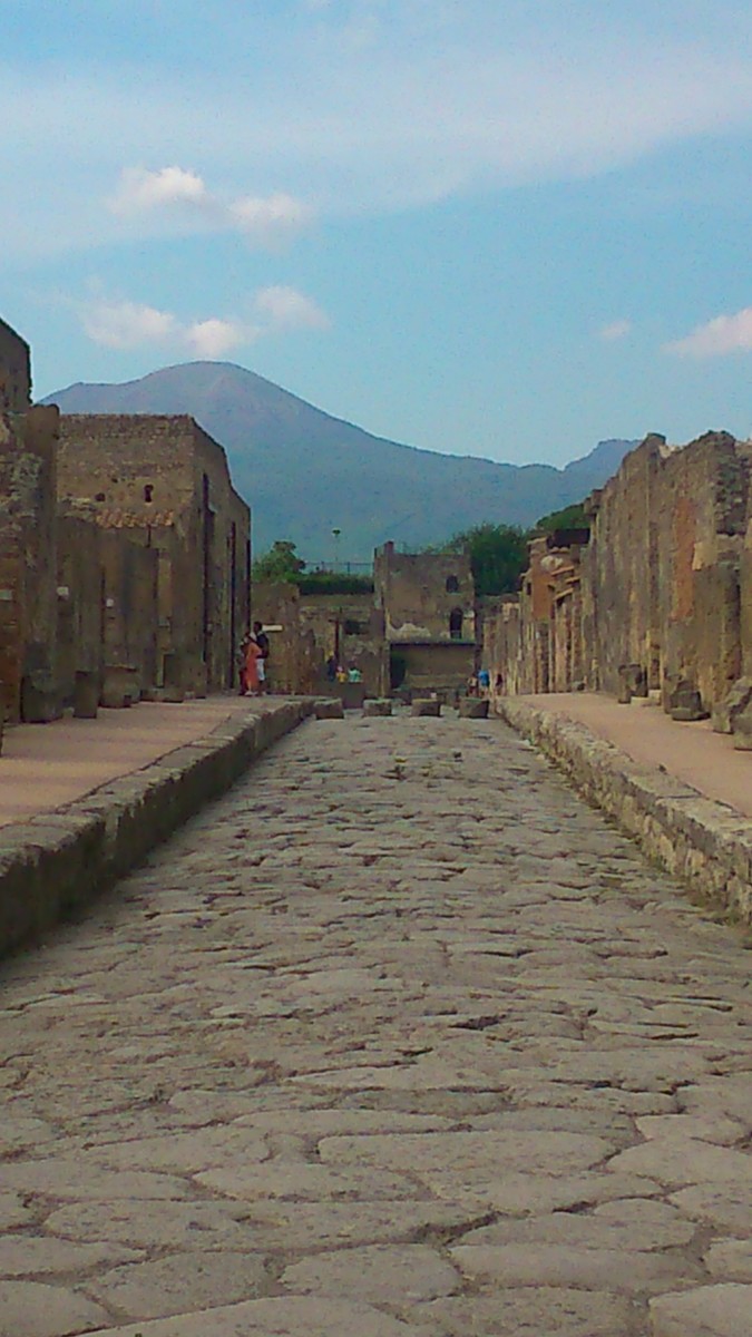 The streets of Pompeii with Vesuvius in the background