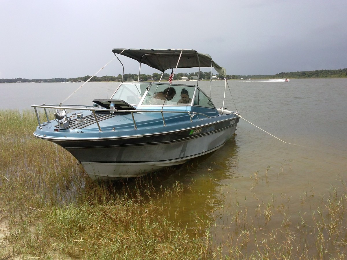 A friend's boat sitting at an island on Lake Weir.