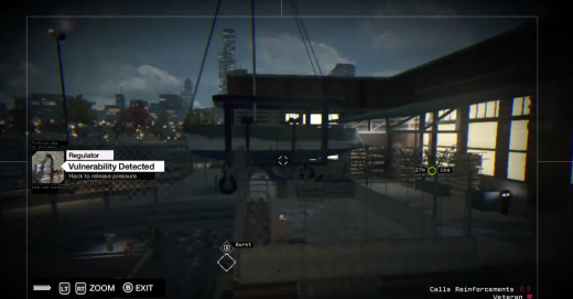 Aiden messes with the security systems of a private pier during the Breadcrumbs mission in Watch_Dogs in an attempt to covertly take down the guards.