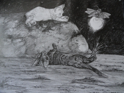 Through the play of my cats I felt obliged to use them in my art with great results.