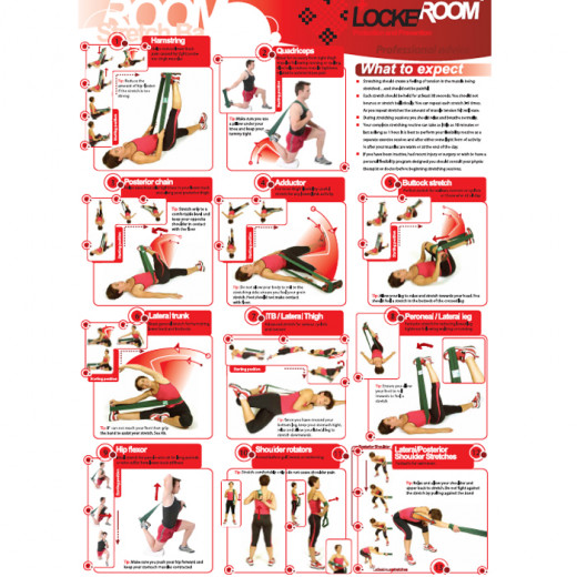 Colorful stretching poster with 11 different stretches highlighted in vibrant and energizing red