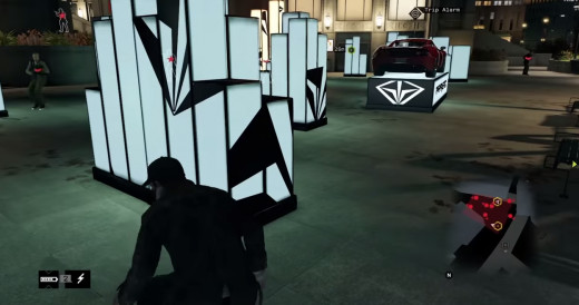 Using some funky architecture to avoid trouble, Aiden sneaks past a cluster of roaming guards in The Rat's Lair mission of Watch_Dogs.