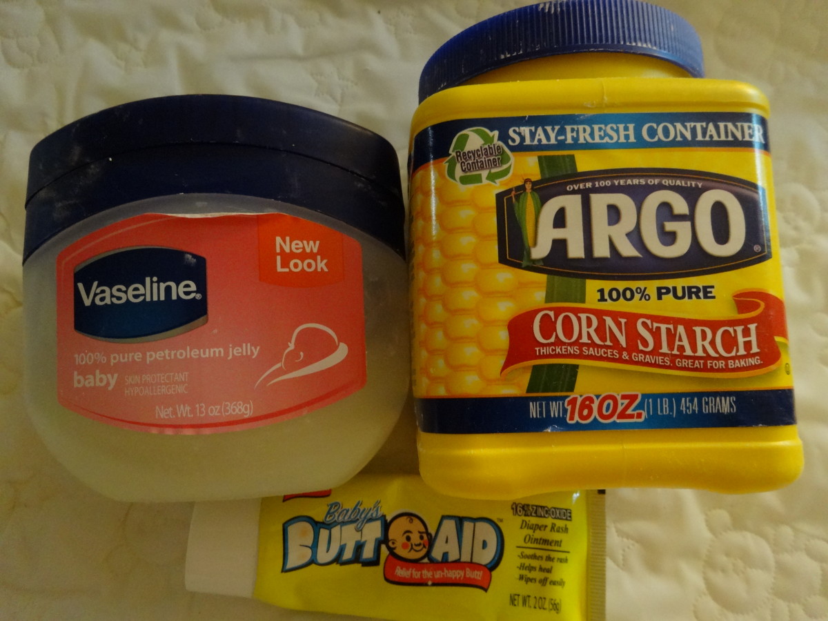 Vaseline, Corn starch, and Butt paste are three items I've used a lot.