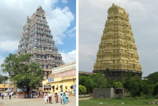 Left: Famous Temple at Madurai, Tamil Nadu, India. Right: A Temple Gopuram at Kancheepuram, Tamil Nadu, India.