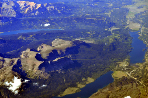Aerial view of east part of Saint Mary Lake and Lower Saint Mary Lake, Glacier National Park, Montana, U.S