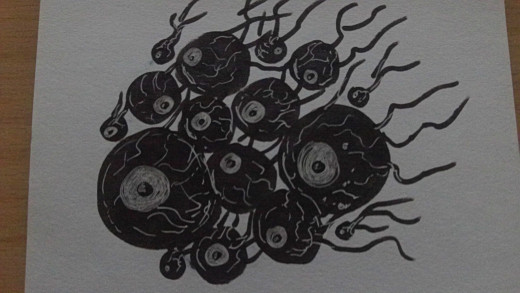 Floating black eyeballs marker art drawing.