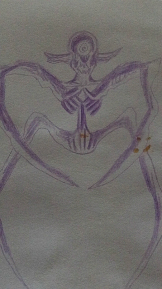 Thin Demon creature purple pencil art.