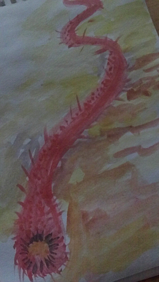 Watercolor paint sketch of a Wyrm creature with red spiky body.