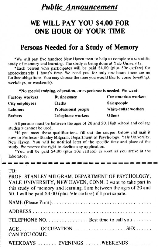 An advertisement seeking volunteers for the Milgram Experiment