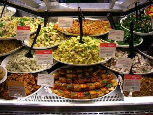 A display of tofu varieties available for sale. 